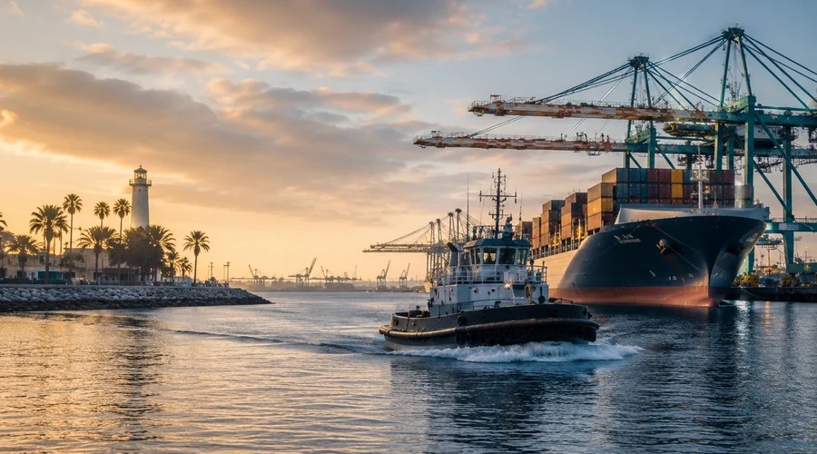 Barge and equipment support operating in a commercial harbor