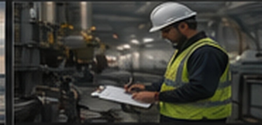 Environmental compliance specialist inspecting a waste site with protective equipment