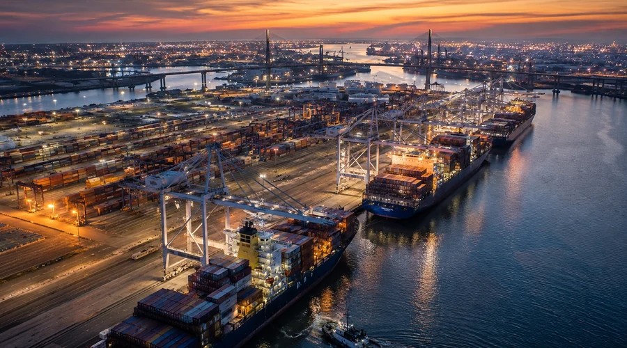 Aerial view of container terminal logistics and cargo operations