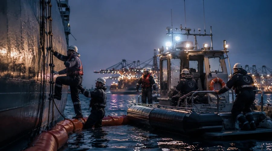 Marine spill response crew working beside a vessel at night