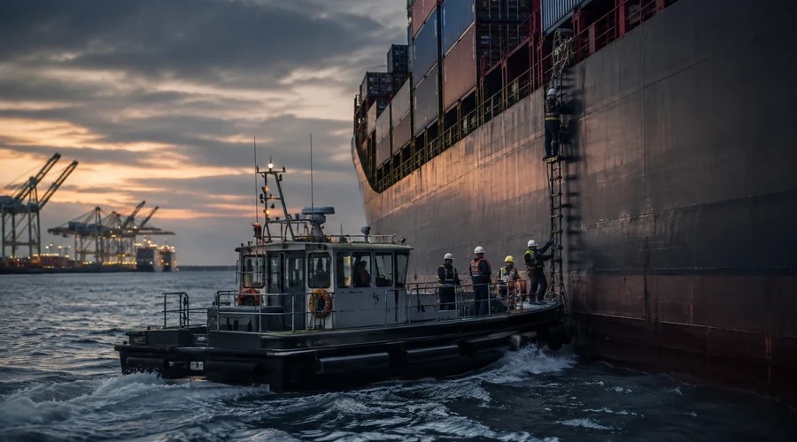 Workboat and crew alongside a commercial vessel for vessel support