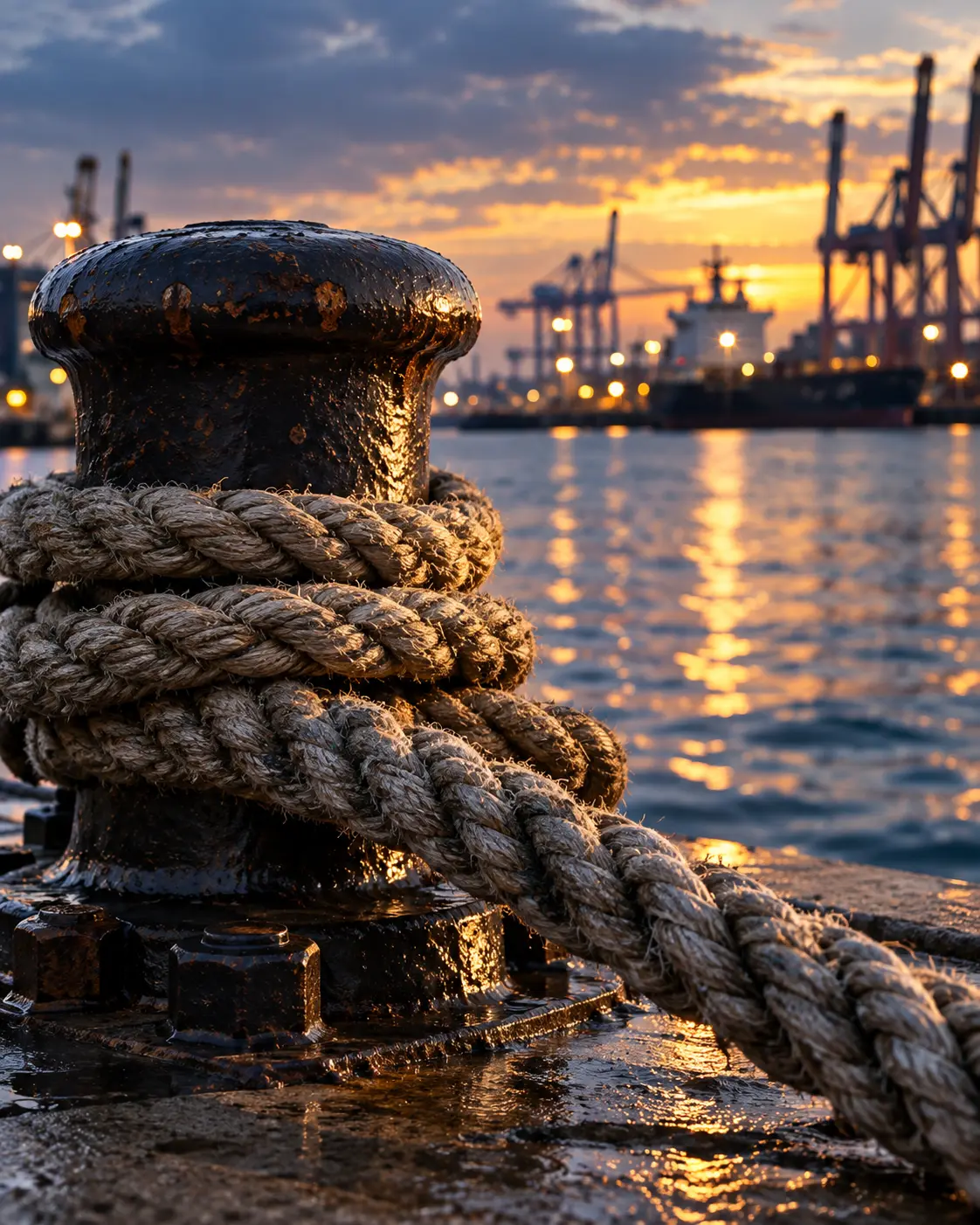 Heavy marine mooring rope secured around a bollard