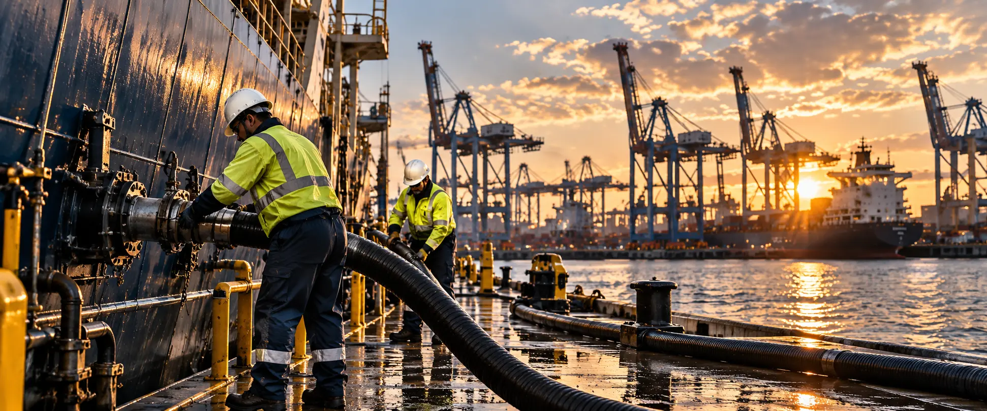Crew handling transfer hose alongside a commercial vessel