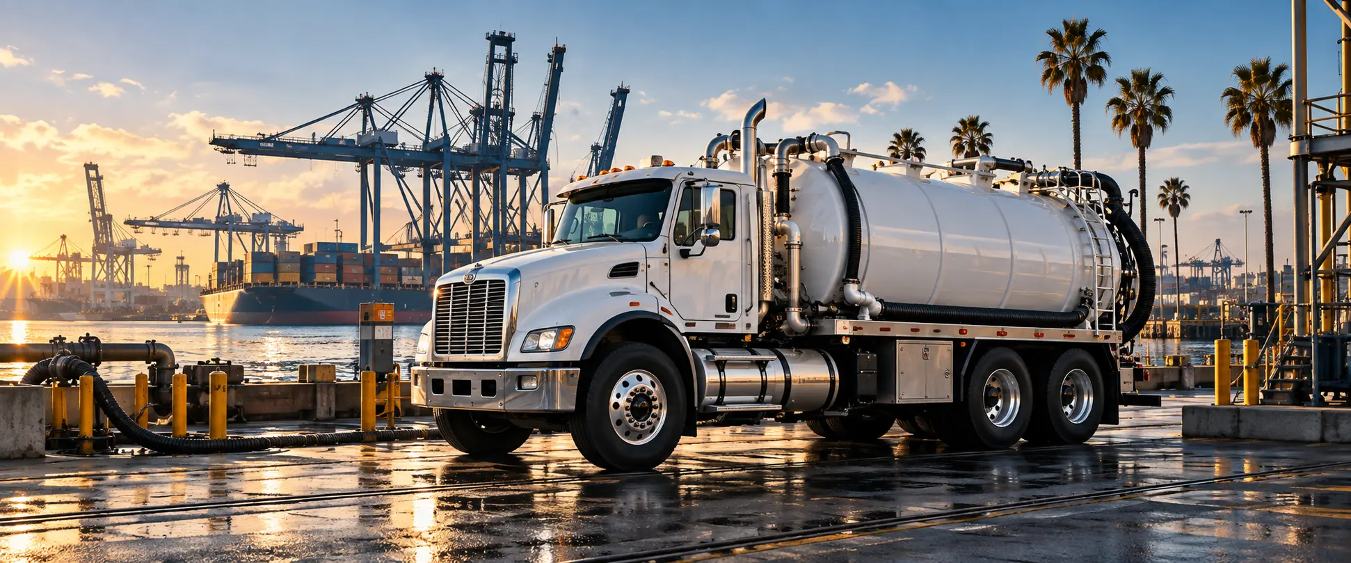 Vacuum tanker positioned for marine waste transportation