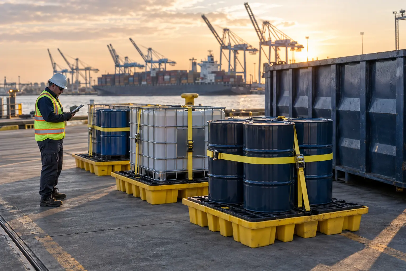 Closed drums and overpacks secured on spill-containment pallets at a marine terminal