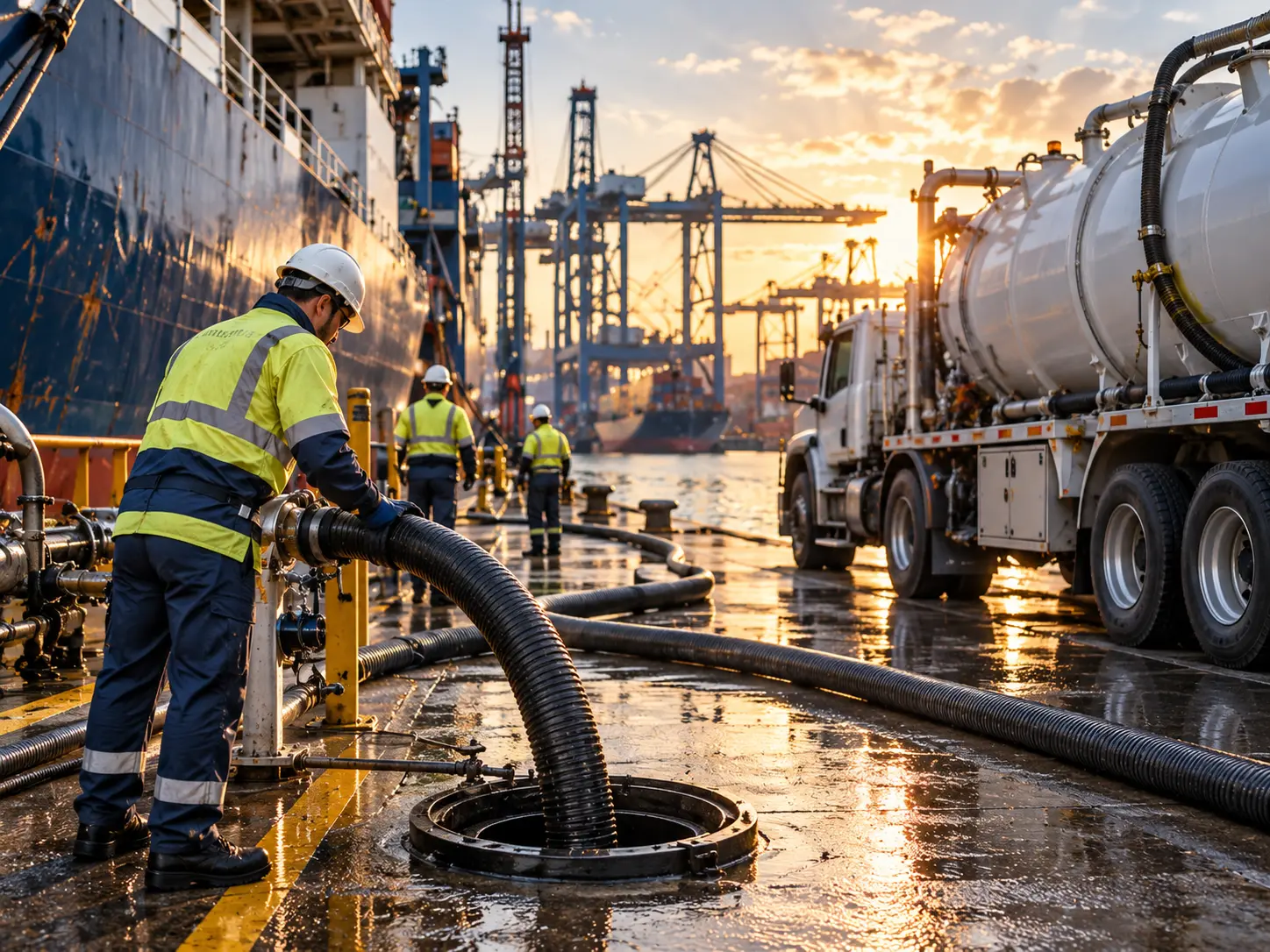 Dockside worker reviewing and handling a transfer connection