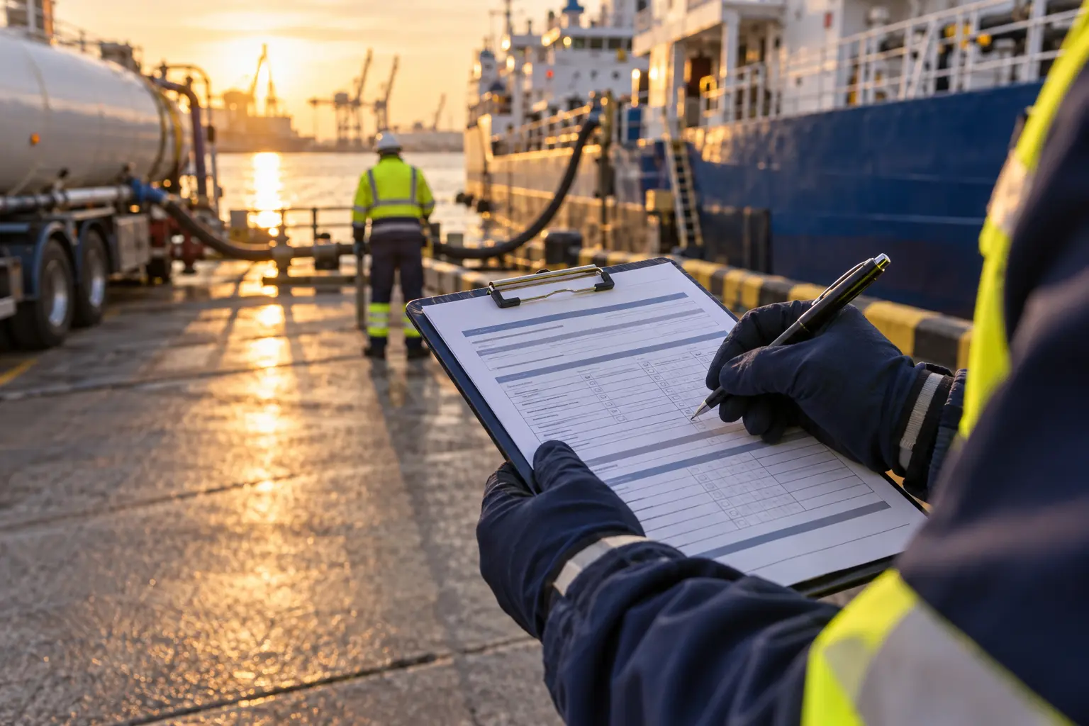 Marine service coordinator completing transfer documentation at the berth