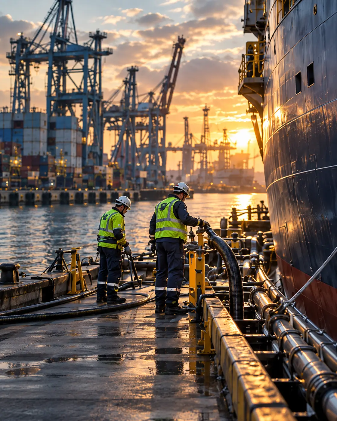 Marine personnel reviewing service details beside a vessel