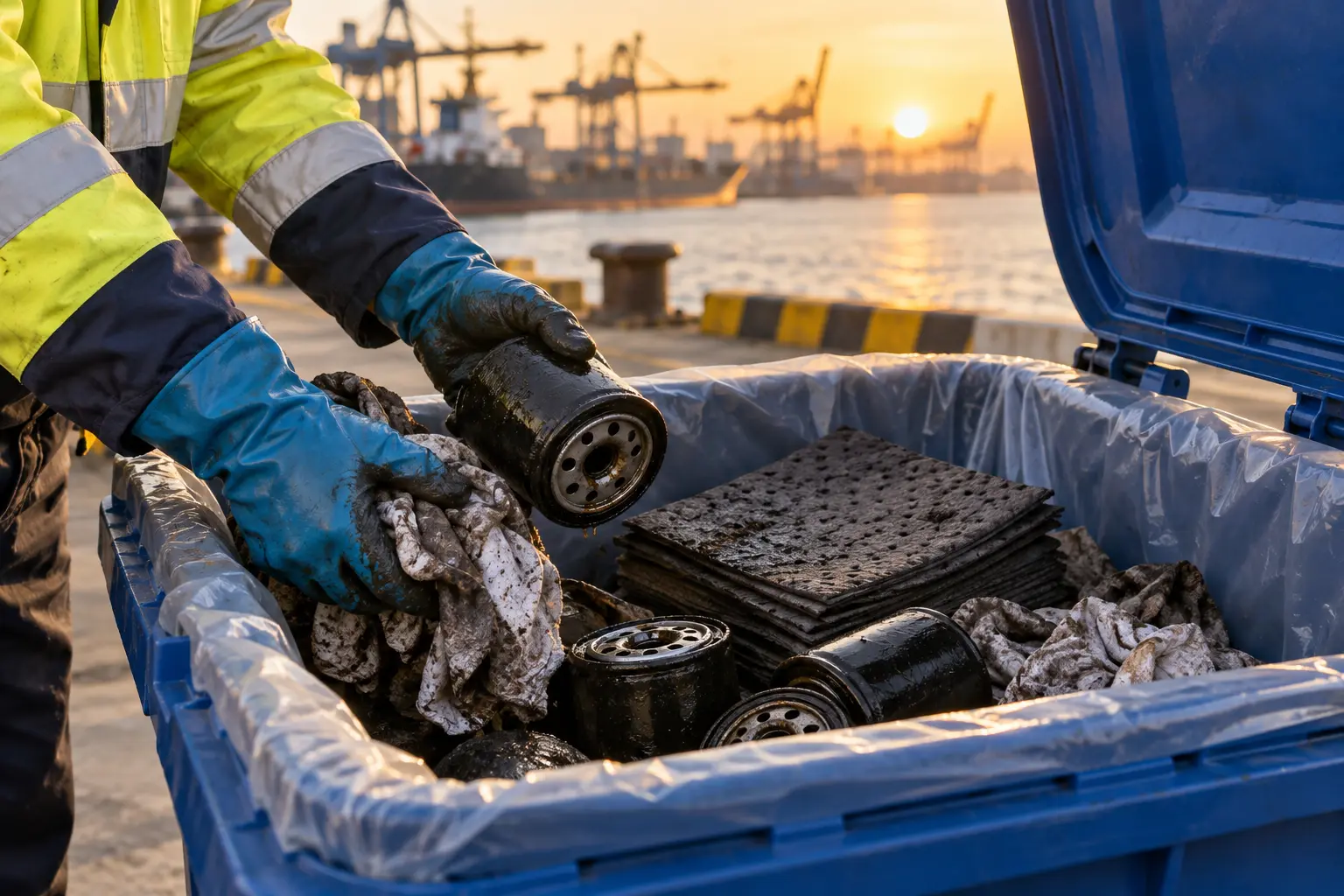 Used oil filters, absorbents, and rags placed in a lined collection container