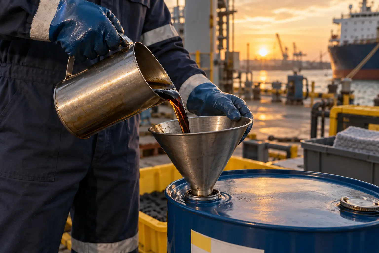 Used lubricating oil transferred into a contained recovery drum